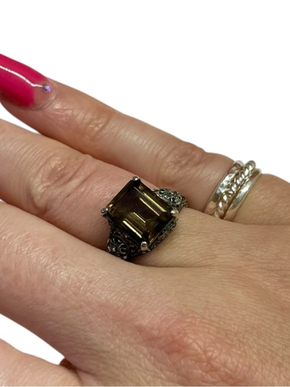 Vintage Sterling Silver Emerald Cut Brown Stone Ornate Ring Size 8